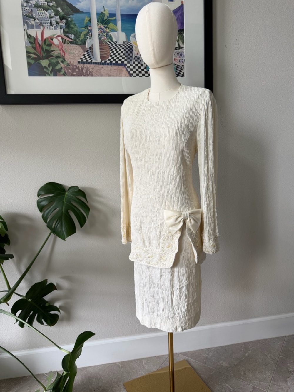 GORGEOUS 1980s Vintage Leslie Fay Bridal Beaded Plisse Bow Dress Sz 10P